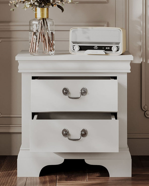 English Elm Classic Traditional Nightstand Two Drawer Solid Wood Bedside Table with Antique Scroll Pulls White B347P518021