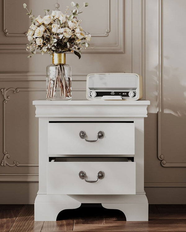 English Elm Classic Traditional Nightstand Two Drawer Solid Wood Bedside Table with Antique Scroll Pulls White B347P518021
