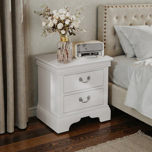 English Elm Classic Traditional Nightstand Two Drawer Solid Wood Bedside Table with Antique Scroll Pulls White B347P518021