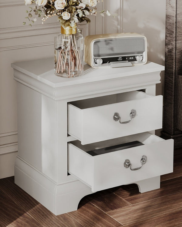 English Elm Classic Traditional Nightstand Two Drawer Solid Wood Bedside Table with Antique Scroll Pulls White B347P518021