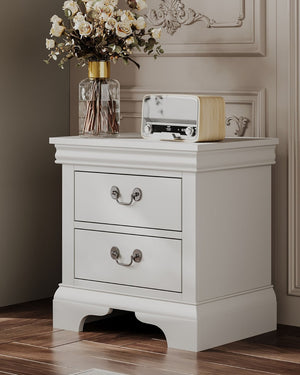 English Elm Classic Traditional Nightstand Two Drawer Solid Wood Bedside Table with Antique Scroll Pulls White B347P518021