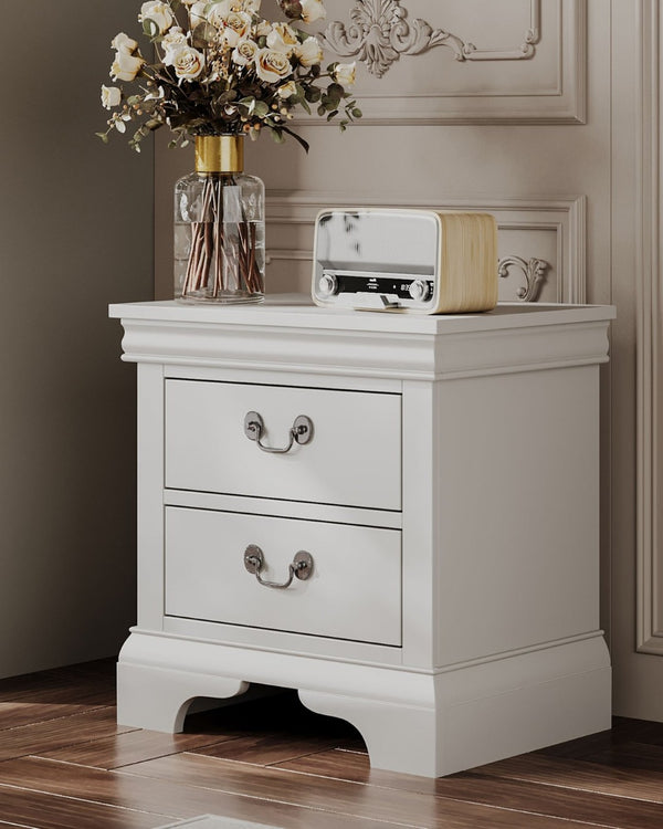 English Elm Classic Traditional Nightstand Two Drawer Solid Wood Bedside Table with Antique Scroll Pulls White B347P518021