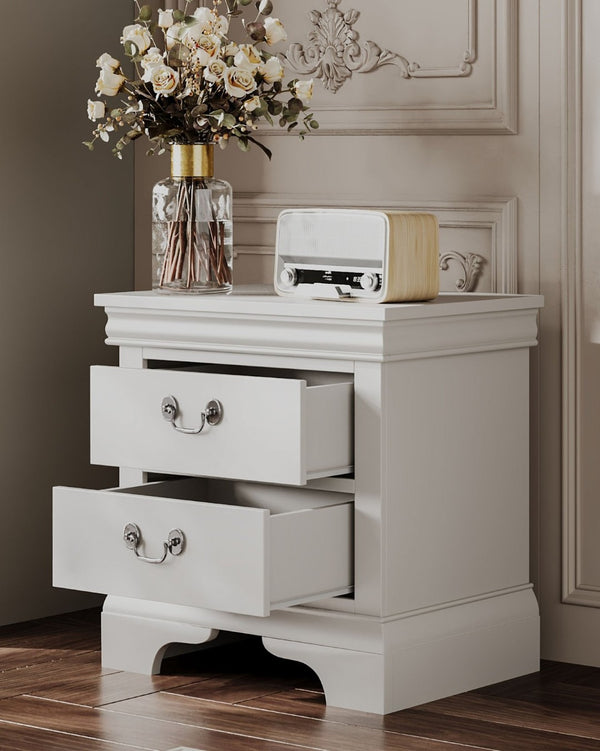 English Elm Classic Traditional Nightstand Two Drawer Solid Wood Bedside Table with Antique Scroll Pulls White B347P518021
