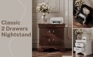 English Elm Classic Traditional Nightstand Two Drawer Solid Wood Bedside Table with Antique Scroll Pulls White B347P518021