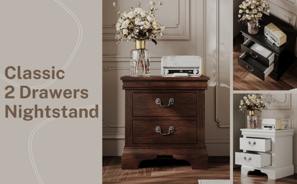 English Elm Classic Traditional Nightstand Two Drawer Solid Wood Bedside Table with Antique Scroll Pulls White B347P518021