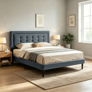 English Elm Full Size Square Tufted Platform Bed Upholstered Frame with Padded Headboard Bedroom Dark Gray B347P519114