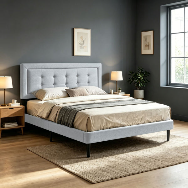 English Elm Full Size Square Tufted Platform Bed Upholstered Frame with Padded Headboard Bedroom Light Gray B347P519138