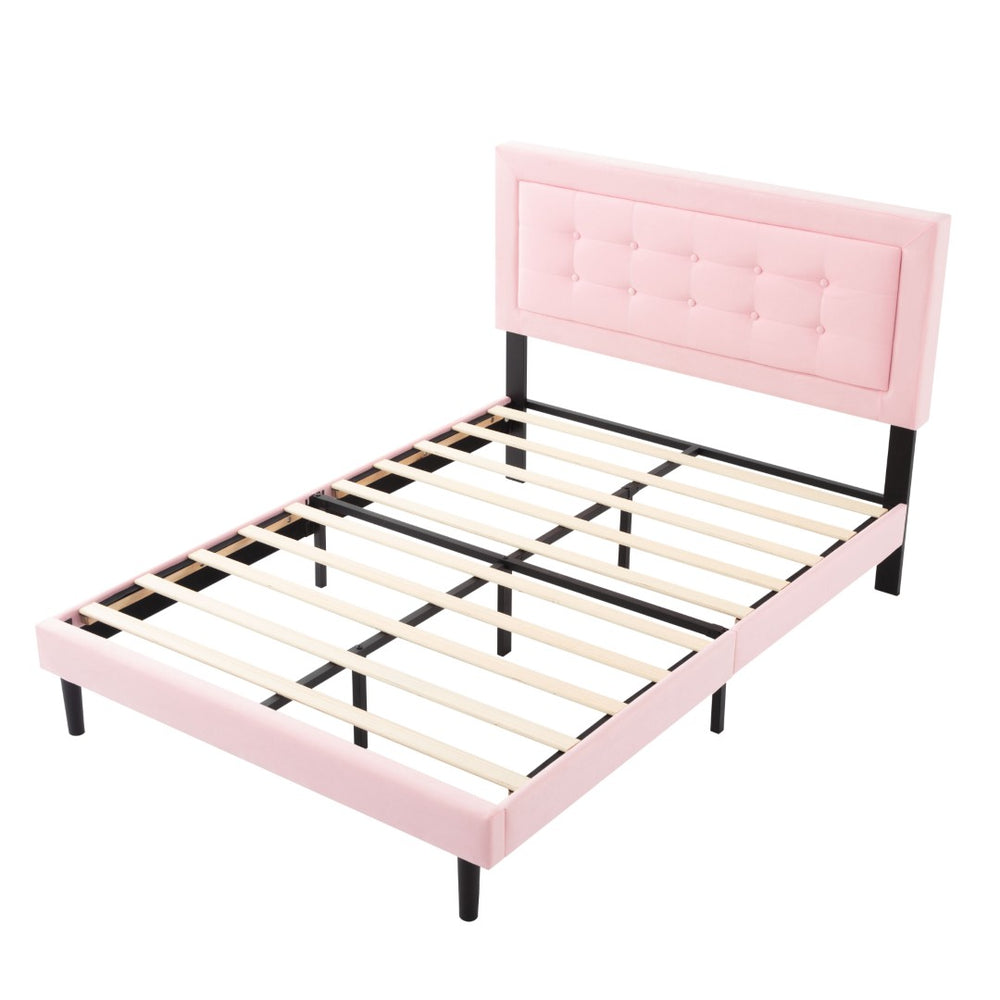 English Elm Full Size Square Tufted Platform Bed Upholstered Frame with Padded Headboard Bedroom Pink B347P519140