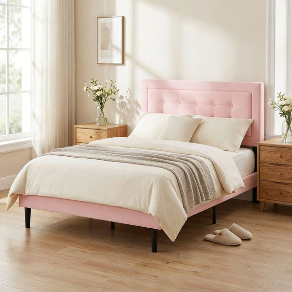 English Elm Full Size Square Tufted Platform Bed Upholstered Frame with Padded Headboard Bedroom Pink B347P519140