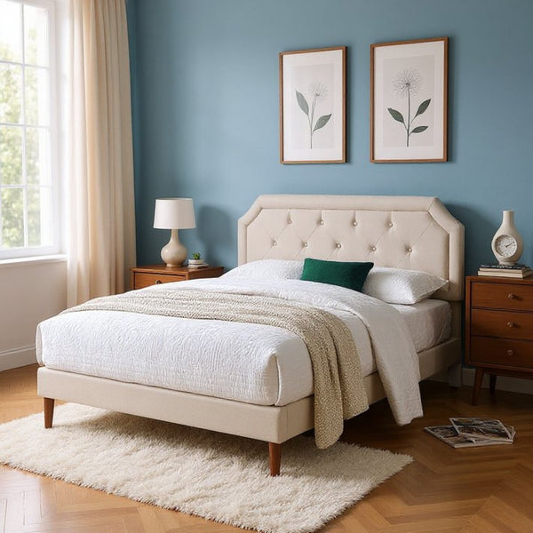 English Elm Luxury Linen King Bed with Adjustable Headboard Solid Wood Slat Foundation B347P520556