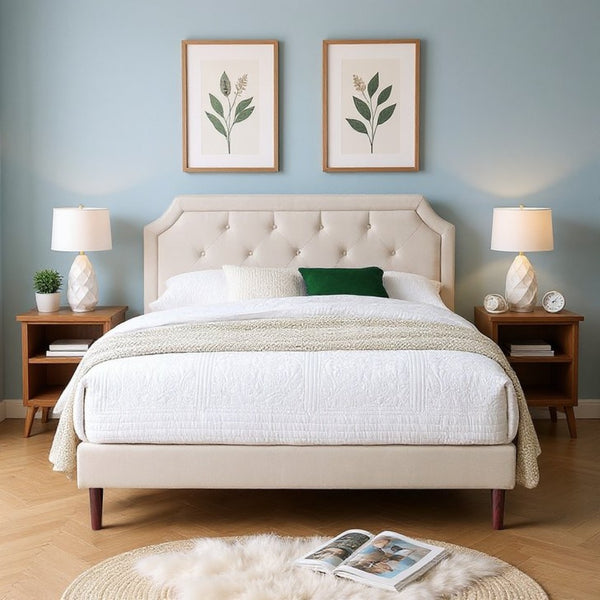 English Elm Luxury Linen King Bed with Adjustable Headboard Solid Wood Slat Foundation B347P520556