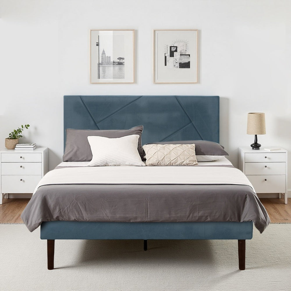 English Elm King Velvet Platform Bed Solid Wood Slats Low Profile Upholstered Headboard Bedroom B347P520557