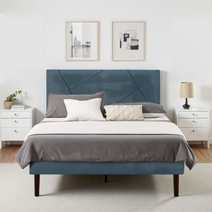 English Elm King Velvet Platform Bed Solid Wood Slats Low Profile Upholstered Headboard Bedroom B347P520557