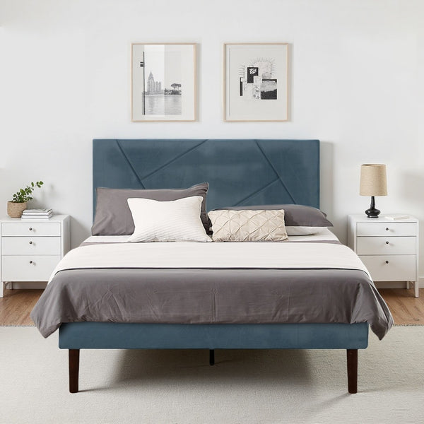 English Elm King Velvet Platform Bed Solid Wood Slats Low Profile Upholstered Headboard Bedroom B347P520557