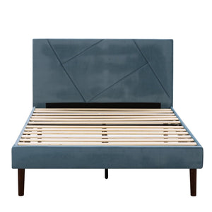 English Elm King Velvet Platform Bed Solid Wood Slats Low Profile Upholstered Headboard Bedroom B347P520557