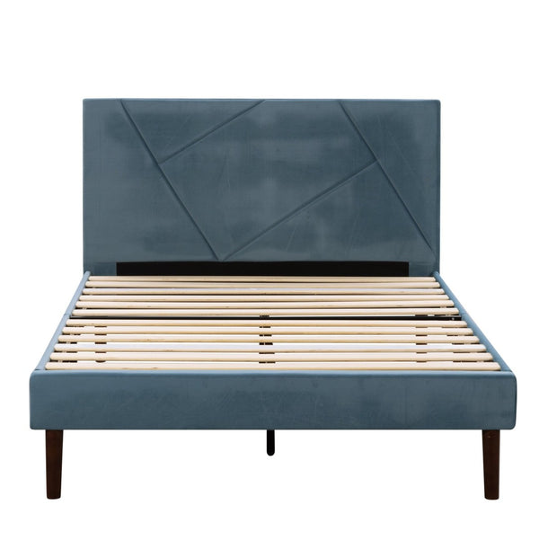 English Elm King Velvet Platform Bed Solid Wood Slats Low Profile Upholstered Headboard Bedroom B347P520557
