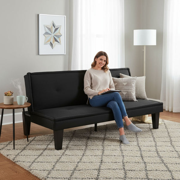 English Elm Convertible Futon Sofa Bed Faux Suede Upholstered Reclining Couch for Studio Apartments Black B347P521453