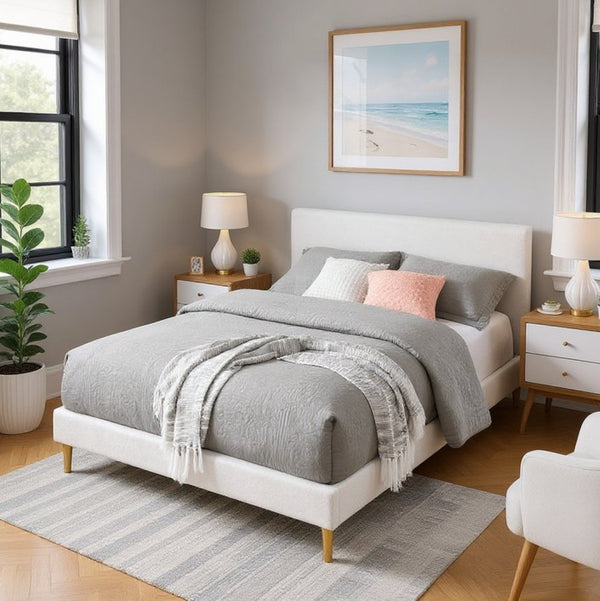 English Elm King Upholstered Platform Bed Solid Wood Slats Padded Headboard No Box Spring B347P521855