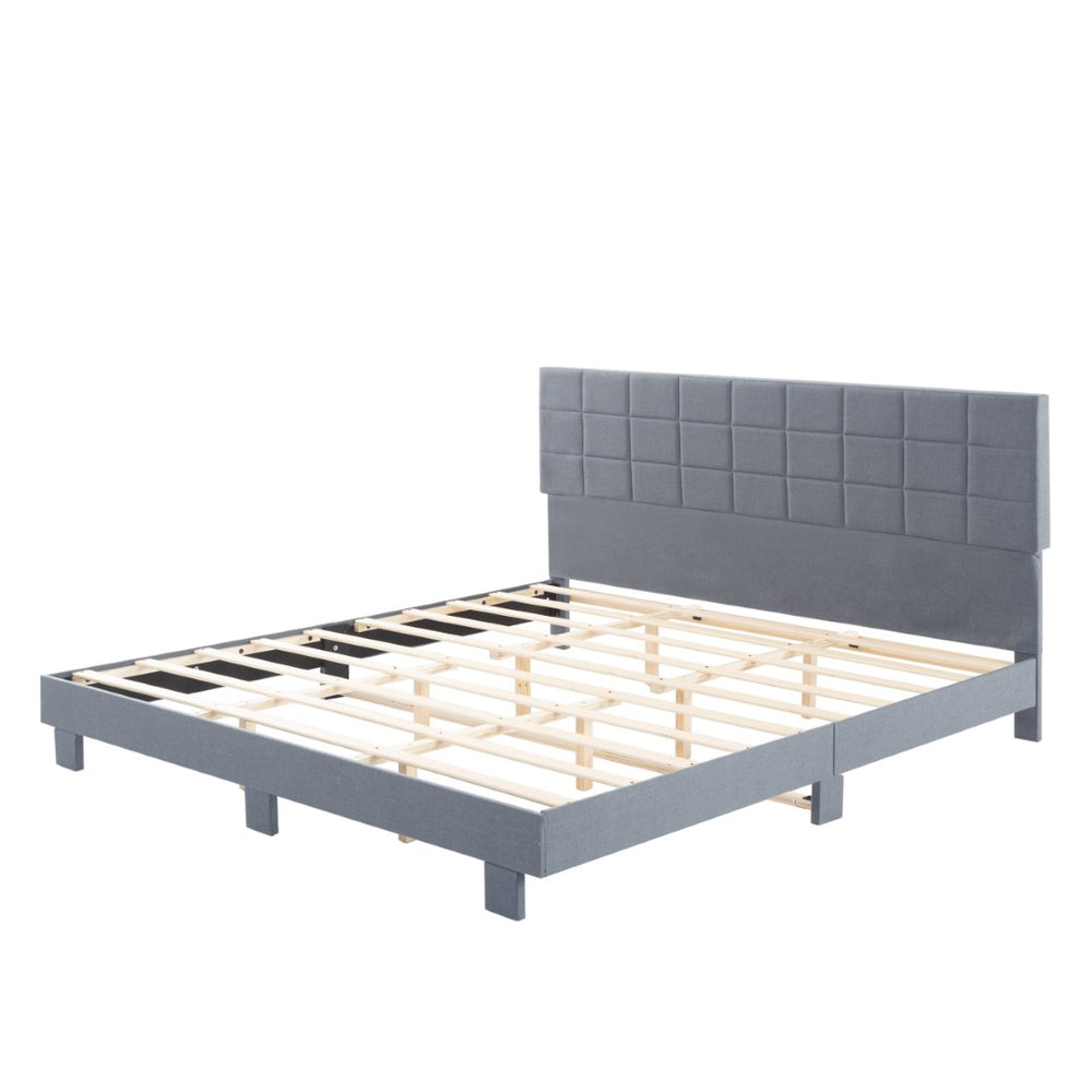 English Elm Luxury Linen King Bed with Adjustable Headboard Solid Wood Slat Foundation Light Gray B347P521915