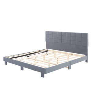 English Elm Luxury Linen King Bed with Adjustable Headboard Solid Wood Slat Foundation Light Gray B347P521915