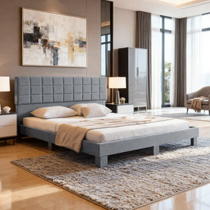 English Elm Luxury Linen King Bed with Adjustable Headboard Solid Wood Slat Foundation Light Gray B347P521915
