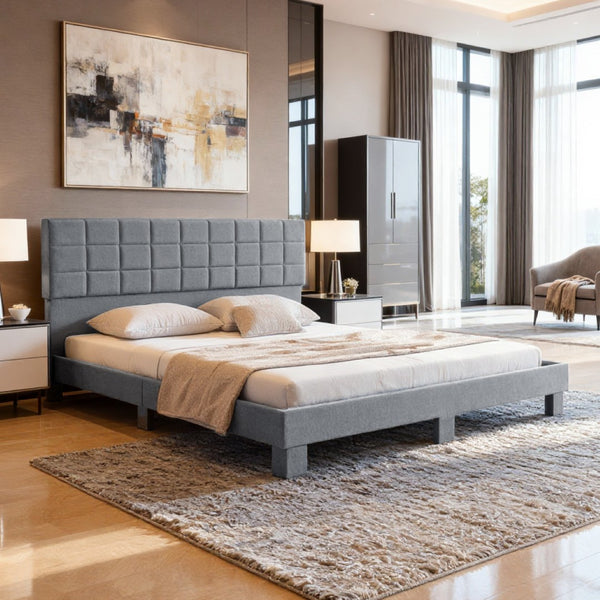 English Elm Luxury Linen King Bed with Adjustable Headboard Solid Wood Slat Foundation Light Gray B347P521915