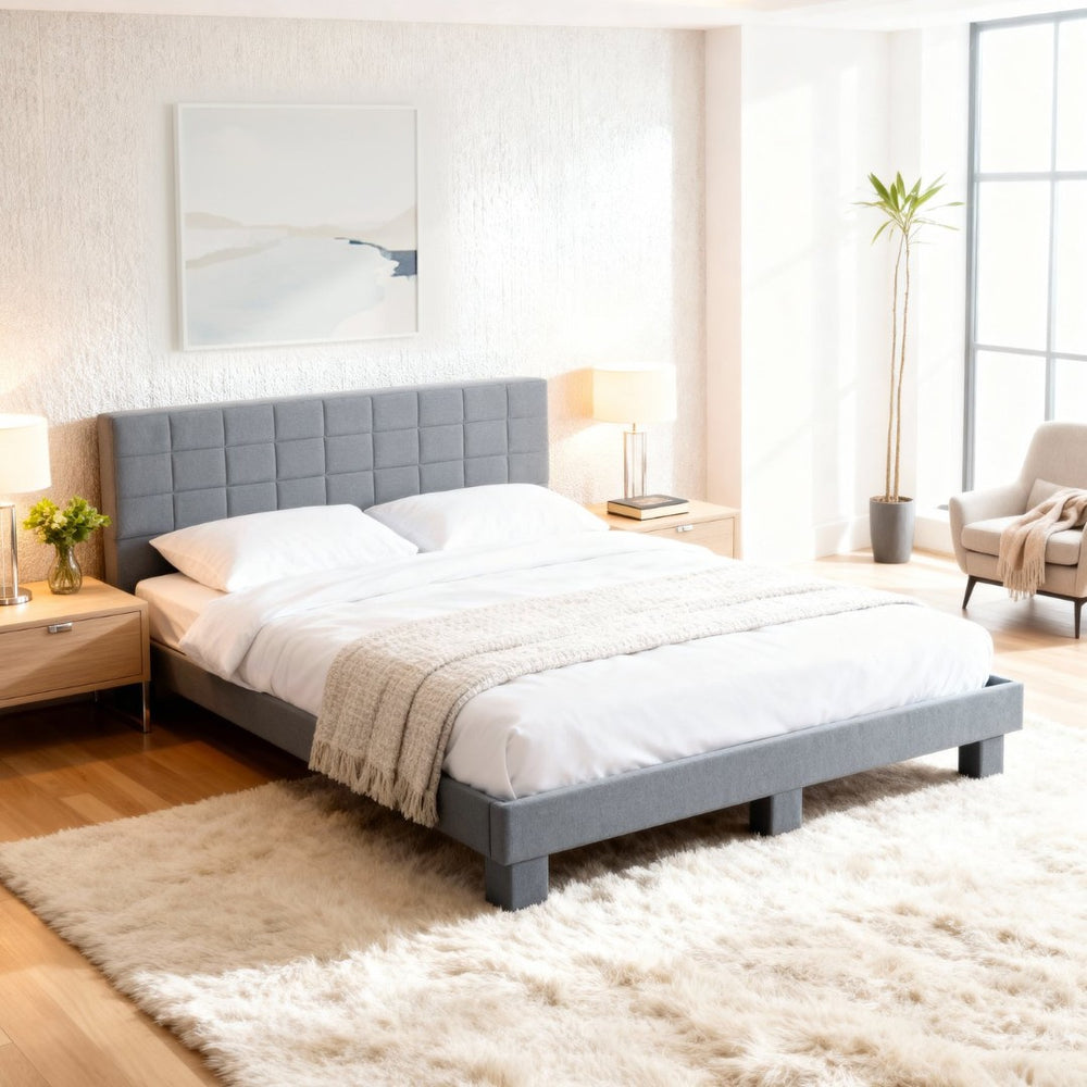 English Elm Luxury Linen King Bed with Adjustable Headboard Solid Wood Slat Foundation Light Gray B347P521915