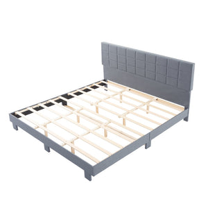 English Elm Luxury Linen King Bed with Adjustable Headboard Solid Wood Slat Foundation Light Gray B347P521915