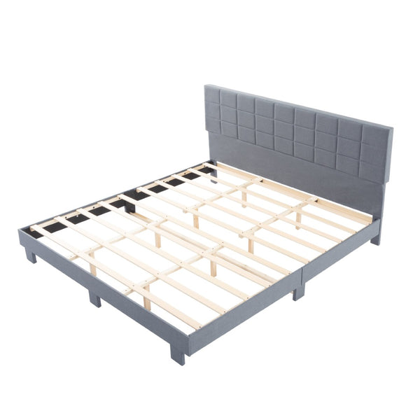 English Elm Luxury Linen King Bed with Adjustable Headboard Solid Wood Slat Foundation Light Gray B347P521915