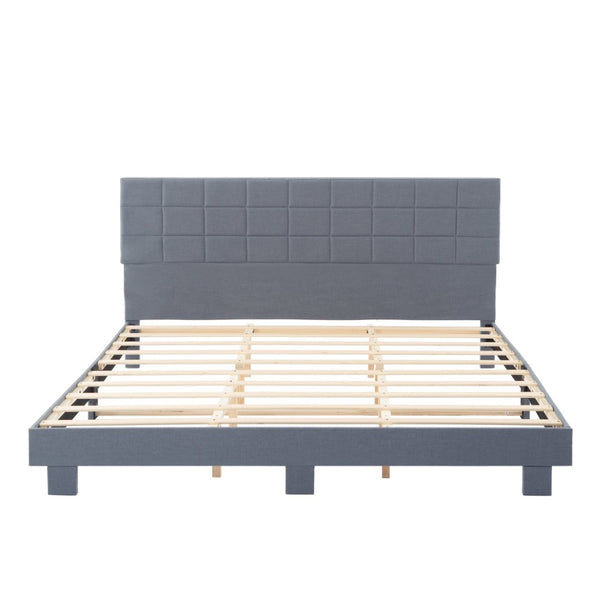 English Elm Luxury Linen King Bed with Adjustable Headboard Solid Wood Slat Foundation Light Gray B347P521915
