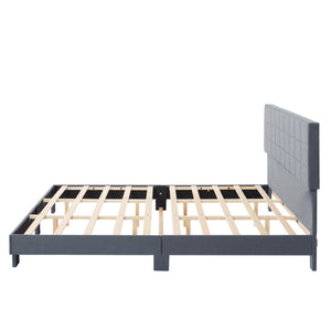 English Elm Luxury Linen King Bed with Adjustable Headboard Solid Wood Slat Foundation Light Gray B347P521915