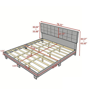 English Elm Luxury Linen King Bed with Adjustable Headboard Solid Wood Slat Foundation Light Gray B347P521915