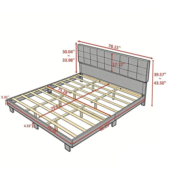 English Elm Luxury Linen King Bed with Adjustable Headboard Solid Wood Slat Foundation Light Gray B347P521915