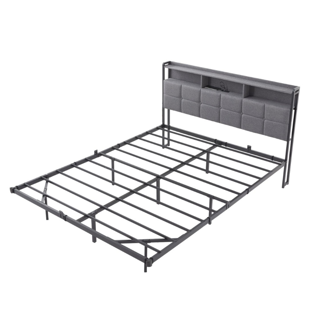 English Elm Upholstered Queen Platform Bed with Rgb Lighting Shelf and Built-in Charging Station B347P522410