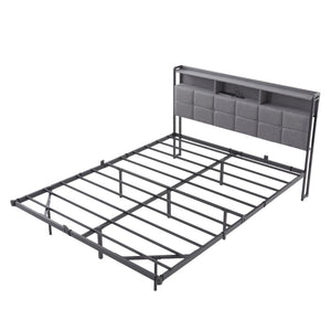 English Elm Upholstered Queen Platform Bed with Rgb Lighting Shelf and Built-in Charging Station B347P522410