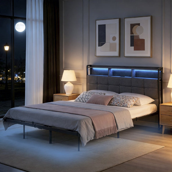English Elm Upholstered Queen Platform Bed with Rgb Lighting Shelf and Built-in Charging Station B347P522410