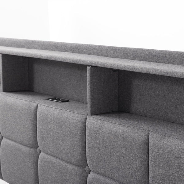 English Elm Upholstered Queen Platform Bed with Rgb Lighting Shelf and Built-in Charging Station B347P522410