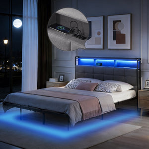 English Elm Upholstered Queen Platform Bed with Rgb Lighting Shelf and Built-in Charging Station B347P522410