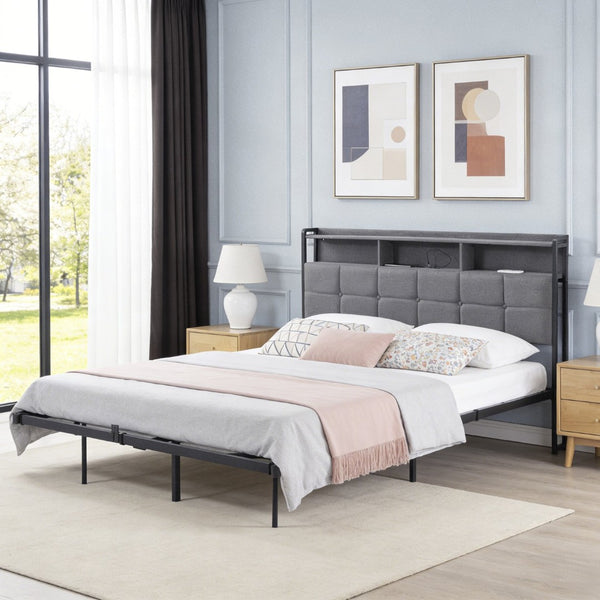 English Elm Upholstered Queen Platform Bed with Rgb Lighting Shelf and Built-in Charging Station B347P522410
