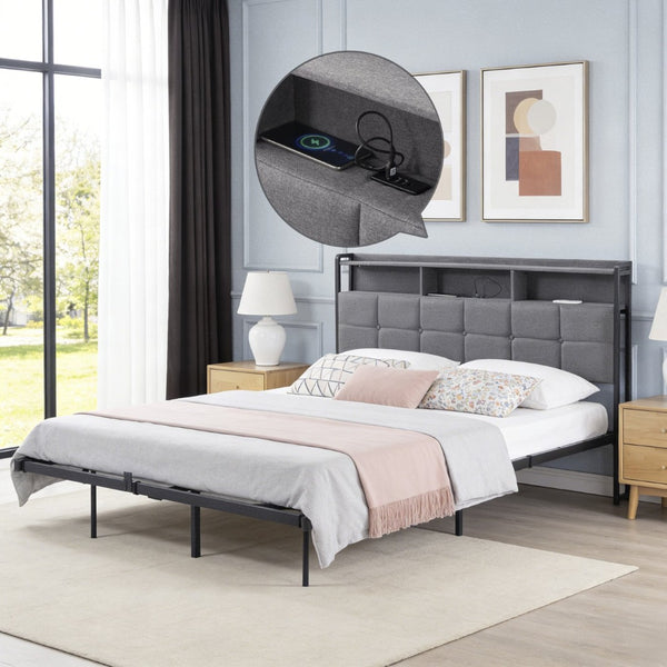 English Elm Upholstered Queen Platform Bed with Rgb Lighting Shelf and Built-in Charging Station B347P522410