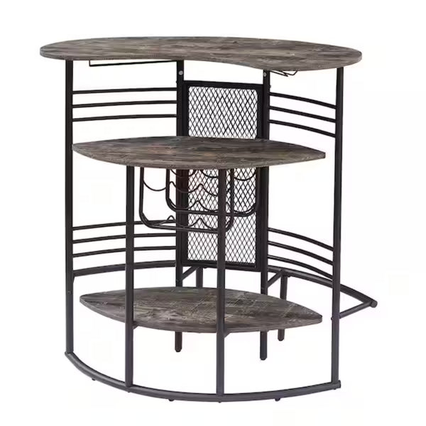 English Elm Oval Half Moon Bar Table with Stemware Rack Wine Storage and Warm Wood Top Antique Brown B347P526220