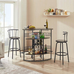 English Elm Oval Half Moon Bar Table with Stemware Rack Wine Storage and Warm Wood Top Antique Brown B347P526220