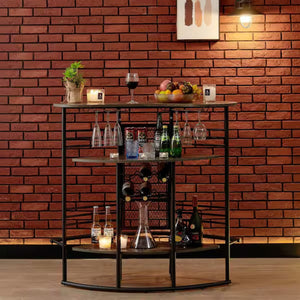 English Elm Oval Half Moon Bar Table with Stemware Rack Wine Storage and Warm Wood Top Antique Brown B347P526220