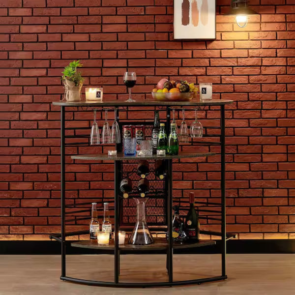 English Elm Oval Half Moon Bar Table with Stemware Rack Wine Storage and Warm Wood Top Antique Brown B347P526220