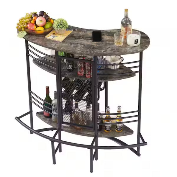 English Elm Oval Half Moon Bar Table with Stemware Rack Wine Storage and Warm Wood Top Antique Brown B347P526220