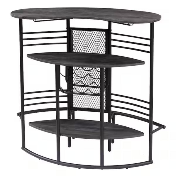 English Elm Oval Half Moon Bar Table with Stemware Rack Wine Storage and Warm Wood Top Gray B347P526221