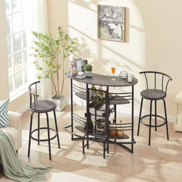 English Elm Oval Half Moon Bar Table with Stemware Rack Wine Storage and Warm Wood Top Gray B347P526221