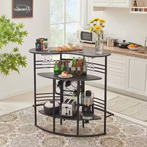 English Elm Oval Half Moon Bar Table with Stemware Rack Wine Storage and Warm Wood Top Gray B347P526221
