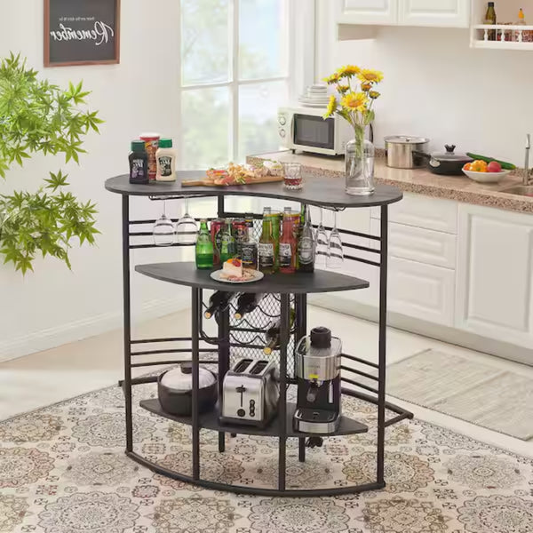 English Elm Oval Half Moon Bar Table with Stemware Rack Wine Storage and Warm Wood Top Gray B347P526221