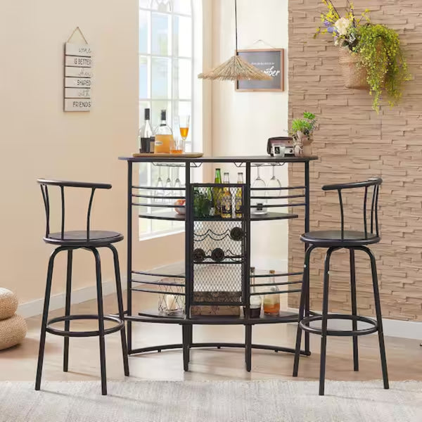 English Elm Oval Half Moon Bar Table with Stemware Rack Wine Storage and Warm Wood Top Gray B347P526221